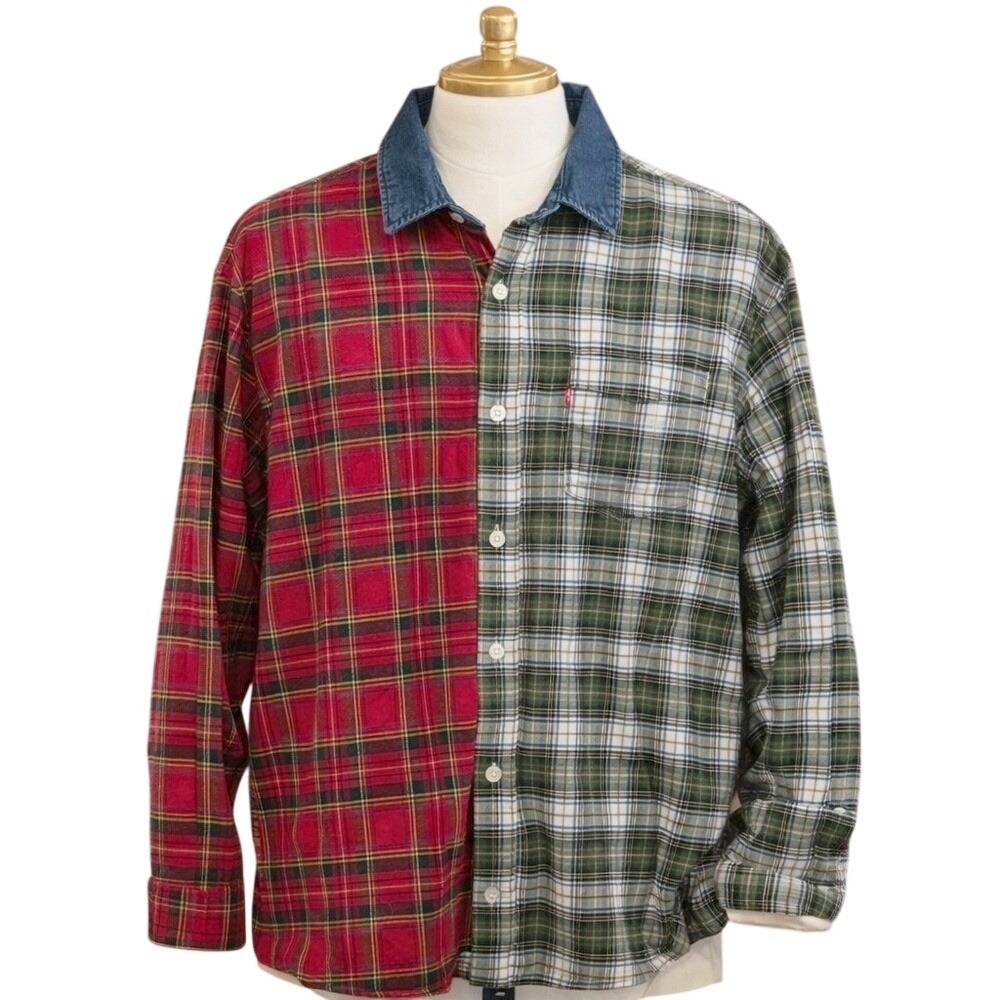 Mens Modern Plaid Colorblock Button Down Shirt‎ L Red Green Denim Collar Levi's